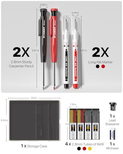 STAGEEK Tischler Bleistifte Set,Bleistift Baustelle,Tieflochmarker,2 Zimmermannsbleistifte mit 2Markierstift [inkl.24Minen],anreißwerkzeug,mechanische Tischlerbleistifte,Holzbearbeitungs,Lochmarkierer