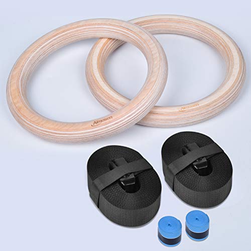 Wood Gymnastic Rings Home Gym Workout Rings Wooden Olympic Rings for Crossfit, Exercise Fitness Rings 1500lbs 15FT Adjustable Straps & Lock Buckles for Full Body Pull Ups Arm Muscle Strength Training - Thumbnail 3