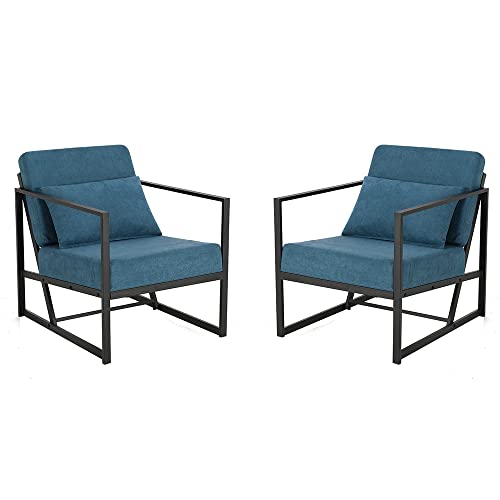 Mingone 2er Set Sessel Gepolsterter Cocktailsessel Relax Polstersessel Stuhl Lehnstuhl Blau aus Leinen Loungesessel mit Handläufen Eisengestell für Wohnzimmer