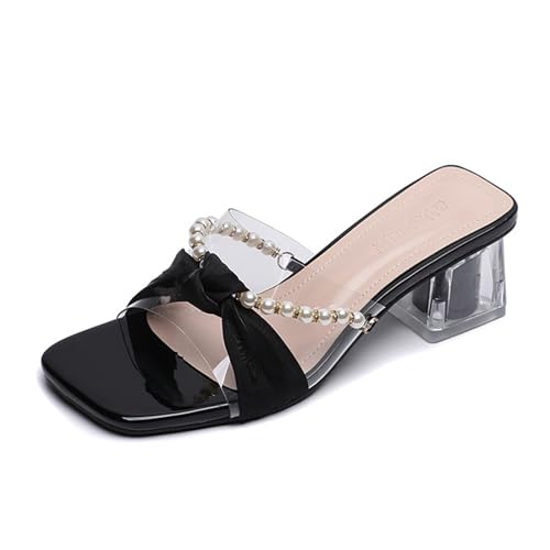 Women's Sparkling Pearl Square Toe Mid-Height Heels Clear Sandals Sexy Open Toe Slip-On Dress High Heels Sandals Prom Daily Classic Office Lady Work Sandals