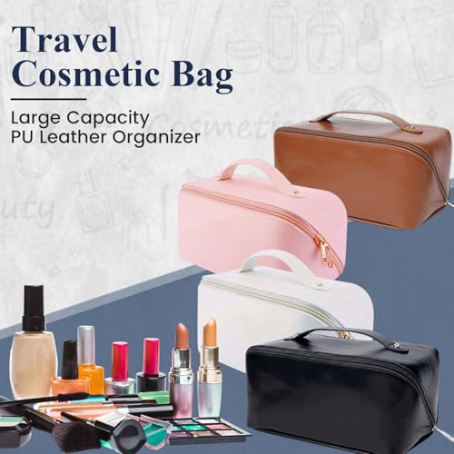 Image of Large Capacity Travel Cosmetic Bag with Handle and Inner Divider | Premium PU Leather Makeup Storage Case | Waterproof Portable Wide Opening Toiletry & Vanity Pouch for Women & Girls (Black)