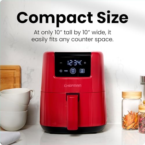 CHEFMAN 2 Qt Mini Air Fryer – Digital Space-Saving Compact Air Fryer with Nonstick and Dishwasher Safe Basket, Quick & Easy Meals in Minutes, Features Digital Timer and Shake Reminder – Red