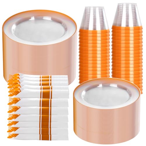 SUT 350Pcs Orange and Clear Plastic Dinnerware Set for 50 Guests Include: 50 Dinner Plate 50 Dessert Plates 50 Pre Rolled Napkins With Silverware 50 Cups Disposable Plates for Party
