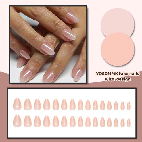 YOSOMMK Nude Fake Nails Short Almond Press on Nails with Cat Eye Designs Pearlescent Glue on Acrylic Nails Glossy Full Cover False Nails for Women and Girls — view 4