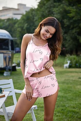 Image of Ekouaer Silk Pajamas Set for Women Satin Backless Lingerie Pjs Cami Top and Shorts Nightwear