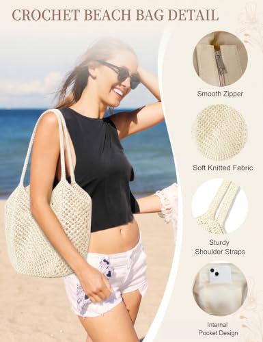 Image of Beach Bags for Women with Zipper, Large Straw Bag Woven Tote Bag Straw Shoulder Bag for Summer Vocation