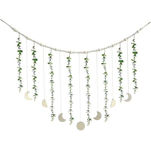 Image of Moon Wall Art - Boho Beaded Garland Sage Green Rattan Moon Phase Wall Art, Vintage Cottagecore Cute Aesthetic Preppy Room Decor, Home Office Nursery Bedroom Decor For Teen Girls, Baby Room Decoration