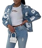 Angsuttc Blue Jean Jackets for Women Flower Printed Button Up Turndown Collar Long Sleeves Denim Jacket Blue M