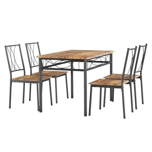 Dining Table and 4 Chairs Set, 5-Piece Kitchen Table Set with Heavy Duty Metal Frame, Space Saving Furniture for Small Dining Room, Apartment, Breakfast Nook in Rustic Brown 110.0L x 70.0W x 76.0H cm
