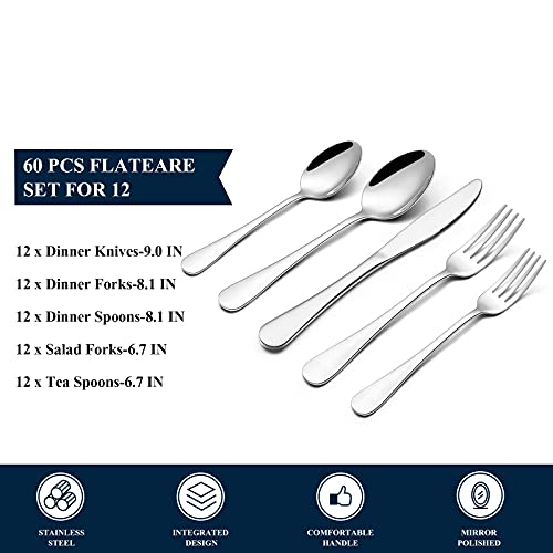 60 Pieces Silverware Set Service for 12, Yoehka Stainless Steel Flatware Cutlery Set for Home and Restaurant, Durable Mirror Polished Eating Tableware Set Include Knife Fork Spoon, Dishwasher Safe