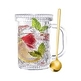 Klarglas-Kaffeebecher mit Deckel, Klassische vertikale Streifen-Tee-Tasse mit Rührlöffel für Latte, Tee, Schokolade, Saft, Geschenk für Frauen Mädchen Männer, Weihnachten, Jubiläum und Geburtstag 11oz