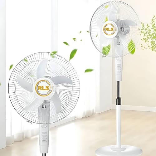 RLS white 16” 5 Blade Pedestal Round Base Floor Standing 3 Speed Oscillating Fan with intelligent timer