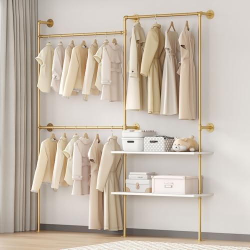 Industrial Pipe Clothing Rack Wall Mounted Heavy Duty, Space Saving Garment Hanger System for Wardrobe/Walk-in Closet (Gold, 2 Tier)