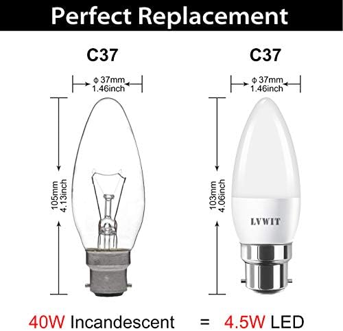 LVWIT B22 LED Candle Bayonet Bulbs,4.5W B22 Bayonet Candle Bulbs, 40W Bulb Equivalent,6500K Cool White Bayonet Candle Cap, 470Lm, 200 Degree Beam Angle,220-240V,Non-Dimmable (Pack of 6)