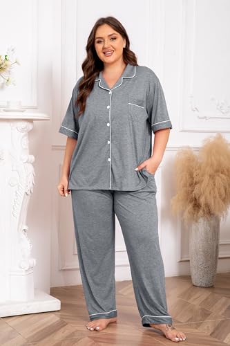 Image of Vozanet Women Plus Size Pajamas Button Down Rayon Softness PJS Classic Sleepwear Short Long Loungewear 2pcs with Pockets