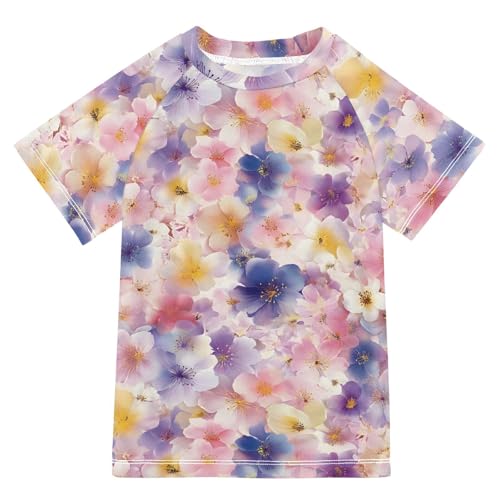 ALAZA Kids Rash Guard Girls Toddler Swim Shirts Short Sleeve Lovely Flowers UPF 50+ 3T