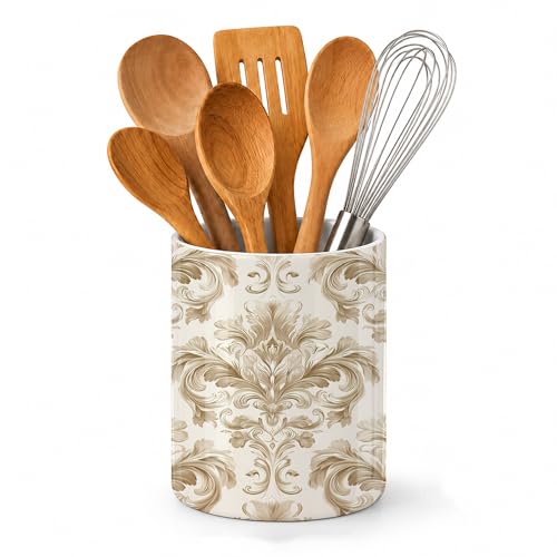 Axxitude Ceramic Kitchen Utensil Holder for Countertop,Gold Damask Flower Vintage Large Utensil Crock for Kitchen Counter,Cooking Utensil Organizer for Spatulas,Spoons