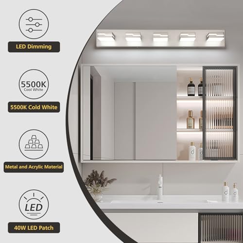 Image of LED Modern Bathroom Vanity Light Fixtures 5-Light, 32 inch Dimmable Nickel Vanity Lights for Bathroom Lighting Fixtures Over Mirror, with 350Rotatable Acrylic Heads(White Light 5500K)