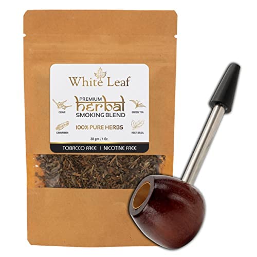 White Leaf 100% Natural Flavour Herbal Smoking Blend 1 Pack (1 Oz/ 30 Gm) - Tobacco & Nicotine Free Smoking Mixture With Wooden Steel Pipe #TOP10