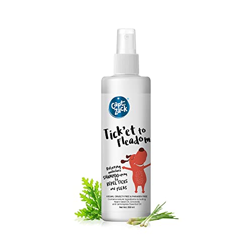 Captain Zack Dog Spray Shampoo for All Breeds | Tick’et to Fleadom 250ml Dry Waterless Shampoo | Repels Tick, Flea, Larvae & Lice, Easy to Use & Suitable for All Coat Types | Natural Actives