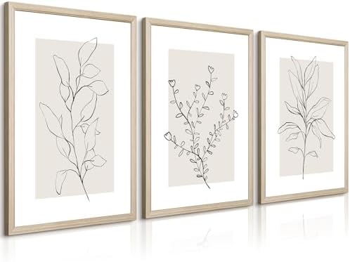Neutral Botanical Prints Wall Art Decor Plant Minimalist Canvas Pictures Vintage Beige Wall Art Modern Farmhouse Line Poster Boho Abstract Painting Artwork for Bedroom 12x16 Inch Framed Set of 3