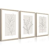 Neutral Botanical Prints Wall Art Decor Plant Minimalist Canvas Pictures Vintage Beige Wall Art Modern Farmhouse Line Poster Boho Abstract Painting Artwork for Bedroom 16x24 Inch Framed Set of 3