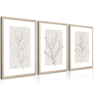Neutral Botanical Prints Wall Art Decor Plant Minimalist Canvas Pictures Vintage Beige Wall Art Modern Farmhouse Line Poster Boho Abstract Painting Artwork for Bedroom 12×16 Inch Framed Set of 3