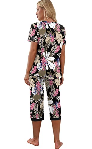 Prinstory Women's Pajama Set Short Sleeve Shirt And Capri Pants Sleepwear Pjs Sets With Pockets Fp-Big Leaf Pink-Large #TOP4
