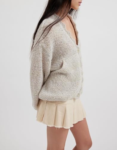 Women Lightweight Cardigan Sweater V Neck Lantern Sleeve Knit Tops Open Front Outerwear Coats with Pockets3