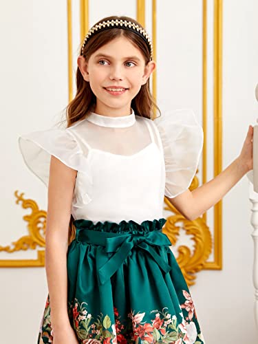 Wdirara Girl's Mock Neck Ruffle Trim Sheer Mesh Sleeveless Top Blouse With Camisole White 10Y #TOP2