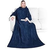 PAVILIA Fleece Blanket with Sleeves for Women Men Adults, Wearable Blanket Warm Soft Plush, Snuggle Pocket Sleeved TV Throw Wrap, Cozy White Elephant Gifts Ideas for Mom Wife, Navy Blue