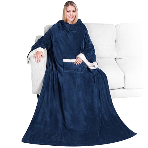 PAVILIA Fleece Blanket with Sleeves for Women Men Adults, Wearable Blanket Warm Soft Plush, Snuggle Pocket Sleeved TV Throw Wrap, Cozy White Elephant Gifts Ideas for Mom Wife, Navy Blue