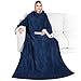 PAVILIA Deluxe Fleece Blanket with Sleeves for Adult, Men, and Women| Elegant, Cozy, Warm, Extra Soft, Plush, Functional, Lightweight Wearable Throw (Navy)