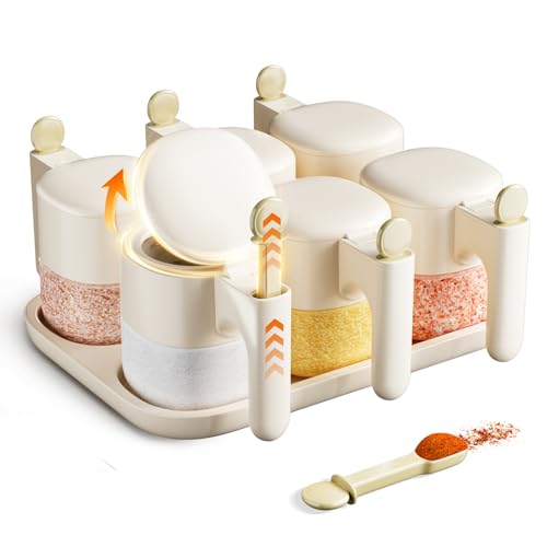 Seasoning Spice Containers with Lid and Spoon Set,6-Pack 11oz Auto-Open/Close Seasoning Box Wide Mouth Glass Salt and Sugar Container Sets for Countertop,Dishwasher Safe Spice Jars