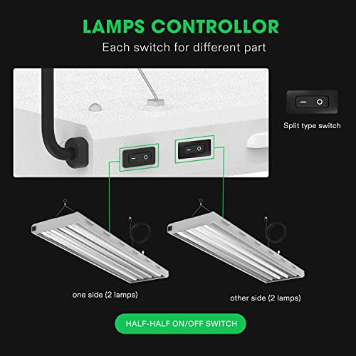 VIVOSUN T5 Grow Lights, 5000 Lumens per 4ft., 216W (4 X 54W), 6500K HO Fluorescent Tubes, with High-Output T5 Light Fixture Bulbs for Indoor Plants, 8ft Power Cord, 2 Hanging Cables, 2 On/Off Control
