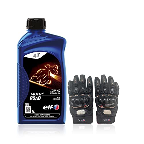 Image of ELF - 10W40 Engine Oil For Motorcycles - Moto 4 Road - API SN, JASO MA2-4-Stroke Semi Synthetic Motor Oil Lubricant + Bikers Gloves - 1L