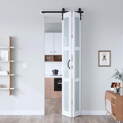 EaseLife 36"x 96" (Double 18" x 96") Bifold Barn Door, Bifold Sliding Barn Door with Hardware Kit, Solid MDF Wood Slab Covered with Water-Proof PVC Surface, Frosted Glass Panel, Assembly Required