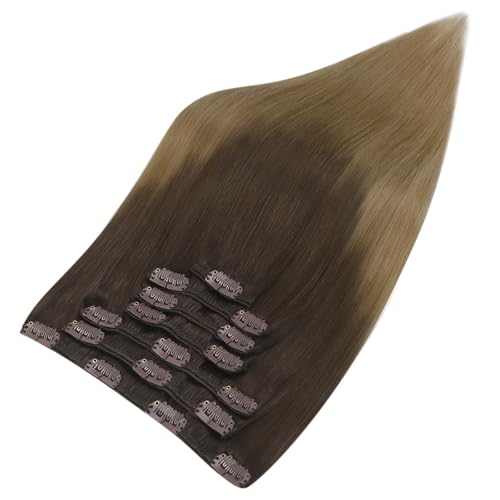 Image of YoungSee Ombre Clip in Human Hair Extensions Chocolate Brown Roots to Caramel Blonde Clip on Hair Extensions for Women Brown Ombre Human Hair Extension Clip ins Rmey Hair 14in 7pcs 120g