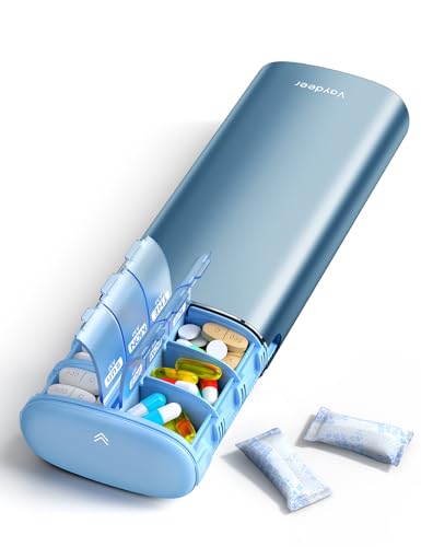 Vaydeer Metal 7 Day Pill Organizer 2 Times a Day – AM PM Weekly Travel Pill Case with Moisture-Proof Desiccant, Airtight Large Capacity Pill Box for Vitamins, Medications & Supplements (Blue)