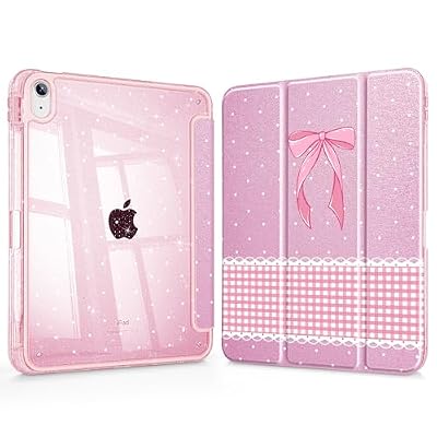 Mektron Glitter Case for 2025 iPad 11-inch A16 chip 11th Gen Fit 2022 iPad 10th Gen 10.9'', Sparkly Slim Cover with Shiny Clear Back Shell Foldable Bling Smart Cover - Polka Dot-Pink Bow