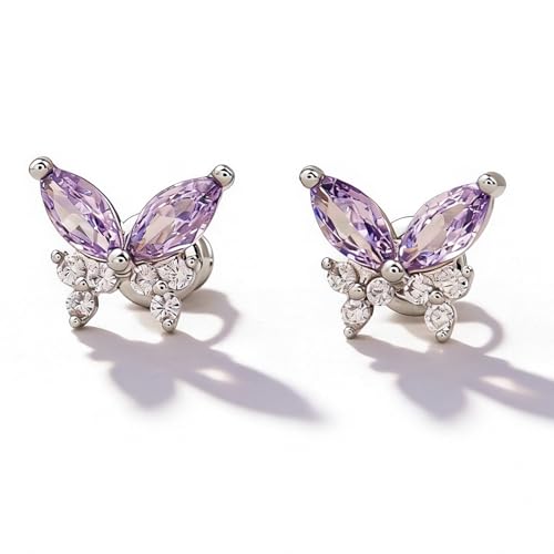 SHIYOUO Sterling Silver Chain Stud Earrings for Women | Hypoallergenic Small Butterfly Cubic Zirconia Stud Earrings | Dainty Cute Mini Lightweight Trendy Jewelry Gift