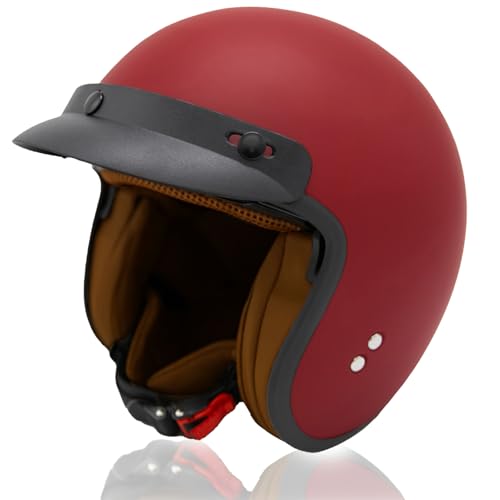 Casque Moto Jet ECE Homologué, Casque Femme Scooter Ouvert Adulte Vintage Visière, Casque Jet Ouvert Scooter (Ruby Red, L)