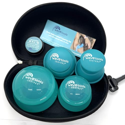 Dual Style Mixed Silicone Massage Cupping Therapy Set with Glide and Riptide Push Cups with All Natural Balm (4 Pack, Clear Teal Glide Cups)