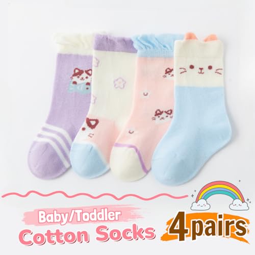4 Pairs Toddler Baby Girl Boy Kids Socks, Cute Cat Animal Soft Cotton Crew Socks, 0~5T2