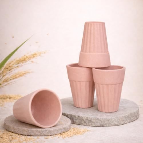 Image of Eco-Friendly Rice Husk & Bamboo Fibre Tea Cup Set of 4 | Kulhad Style Coffee & Tea Mugs | 140 ml Unbreakable, Stain-Free, Heat Resistant, Reusable, Microwave Safe | Pastel Peach