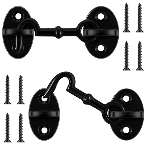 Image of Set of 2 - Solid Brass Cabin Hooks - 2.8 inch Hook and Eye Latch in Black Powder Coat Finish for Window, Sliding, Shed, Fence, Gate, Cabinet, Bathroom, Closet - Easy Installation, Indoor Outdoor Use