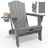 THOEOE Folding Adirondack Chair,HDPE All-Weather Outdoor Chair with Cup Holder,Wooden Textured,Fire Pit Chair,Plastic Patio Chair for Deck,Backyard,Garden,Lawn(Grey)