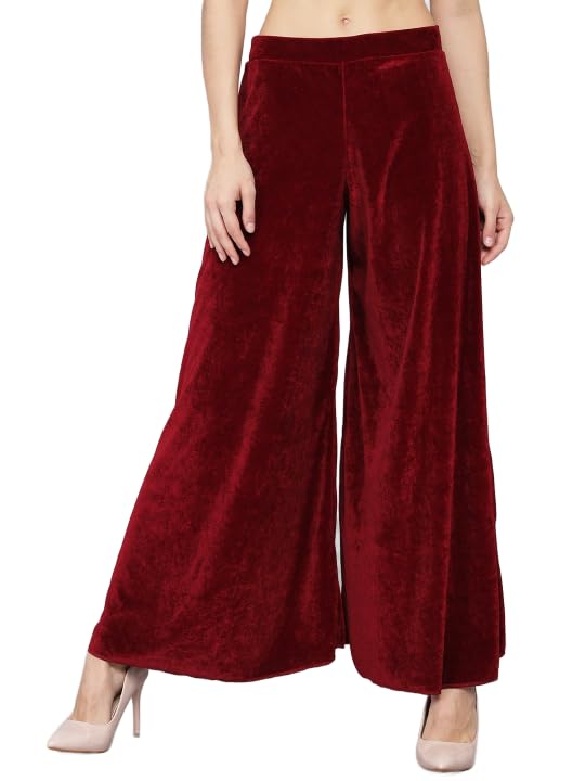 Image of Vaararo Party Trousers for Women | Shiny Velvet Fabric Wide Bottoms Stylish Palazzo Pants