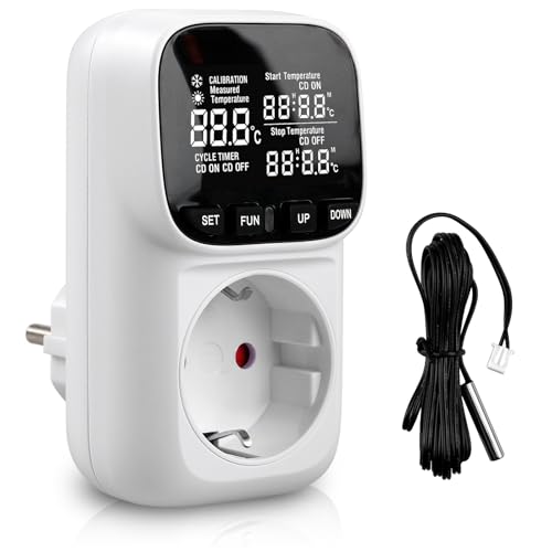 Enchufe termostático, regulador de temperatura digital, 230 V, con sonda y sonda, pantalla LCD, regulador de humedad, calefacción y refrigeración, interruptor de temperatura para invernadero, acuario,