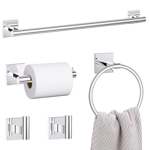 5 Pieces Bathroom Hardware Set Polished Chrome Towel Bar Set Includes 23.6” Towel Bar, Towel Ring Holder, Toilet Paper Holder and Two Towel Hooks, Bathroom Accessories Set SUS304 Wall Mounted